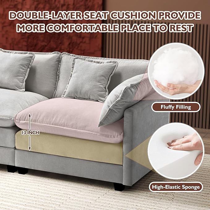 Ihanherry 111.4 Inch 3-Seater Cloud Sofa, Modular Sectional Couch, Modern Deep Seat Sofa for Living Room, Comfy Double Layer Upholstered Seat Cushion, Breathable Chenille Fabric, Grey