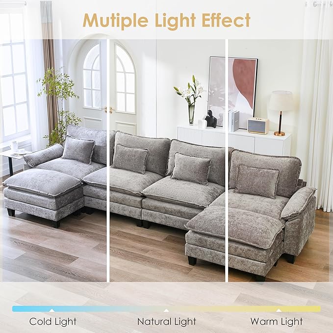 URRED Cloud Couch Modular Sectional Sofa, 157" Modern U Shaped Deep Seat Sofa with 2 Ottomans & Pillows, Ultra Comfy Chenille Couches for Living Room, Bedroom or Apartment, Gray