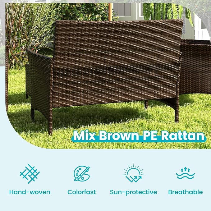 RELAX4LIFE 4-Piece Patio Furniture Set - Rattan Outdoor Conversation Bistro Set w/Cushions, Glass Coffee Table, Wicker Chairs & Loveseat for Garden Backyard Porch, Balcony Furniture Set (1, Turquoise)