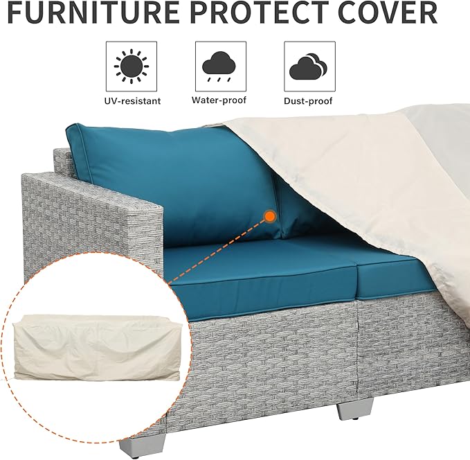WAROOM Outdoor Couch 3 Seater Wicker Patio Sofa Grey Rattan Deep Seat Balcony Furniture Porch Seating with Peacock Blue Cushion