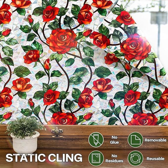 Stained Glass Window Film UV Resistant Window Privacy Film Rose Floral Privacy Rainbow Decals Living Room Bedroom Sun Blocking Decor Removable Static Cling Stickers 17 x 39.37 Inch