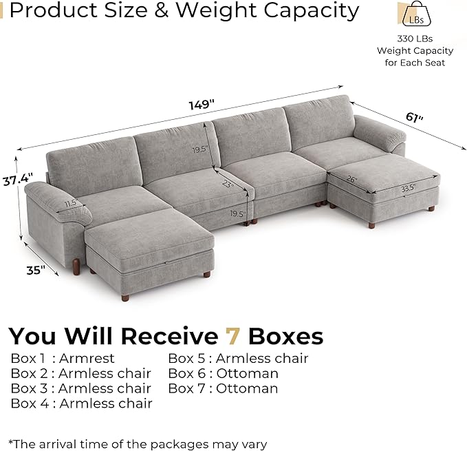 SITJOY 149" Oversized Sectional Couches for Living Room, Extra Large Deep Seat Modular Sofa with Washable Covers, 4 Seater U Shaped Couch with Chaise, Storage Ottoman, Chenille in Light Gray