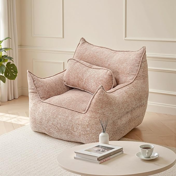 Adult Bean Bag Chairs with Pillow, Comfy Large Bean Bag Couch for Teens with Armrests, Giant BeanBag Sofa for Living Room, Bedroom, Light Brown