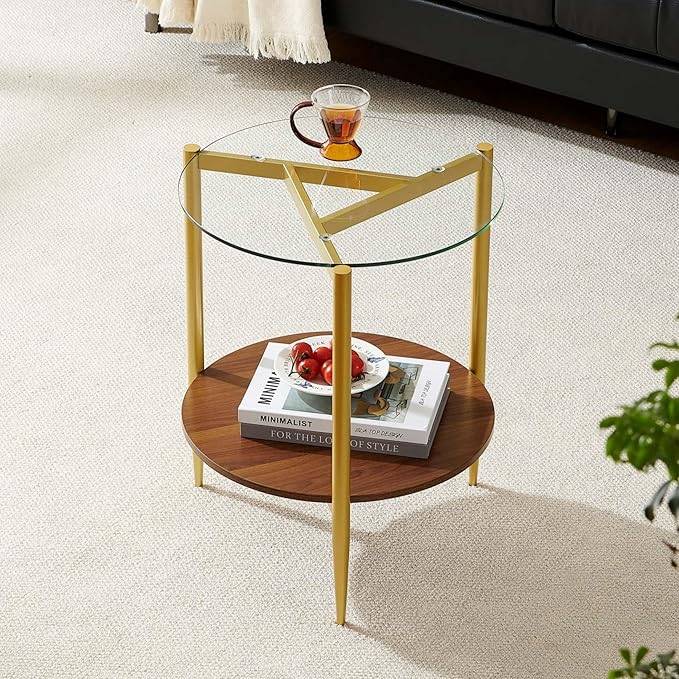 Pine Flicker Round End Table, Mid-Century Modern Design, D20*H23 inch, for Living Room, 2-Tier Structure, Clear Glass Top and Walnut MDF Shelf, Sleek Conical Metal Legs with Gold Finish