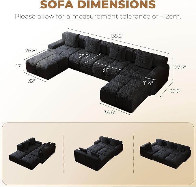 135" Modern L Shaped Modular Sectional Sofa, 6 Seater Convertible Chenille Cloud Couch Sofa Set, Boneless Couches for Living Room with Ottoman, No Assembly Required, Black