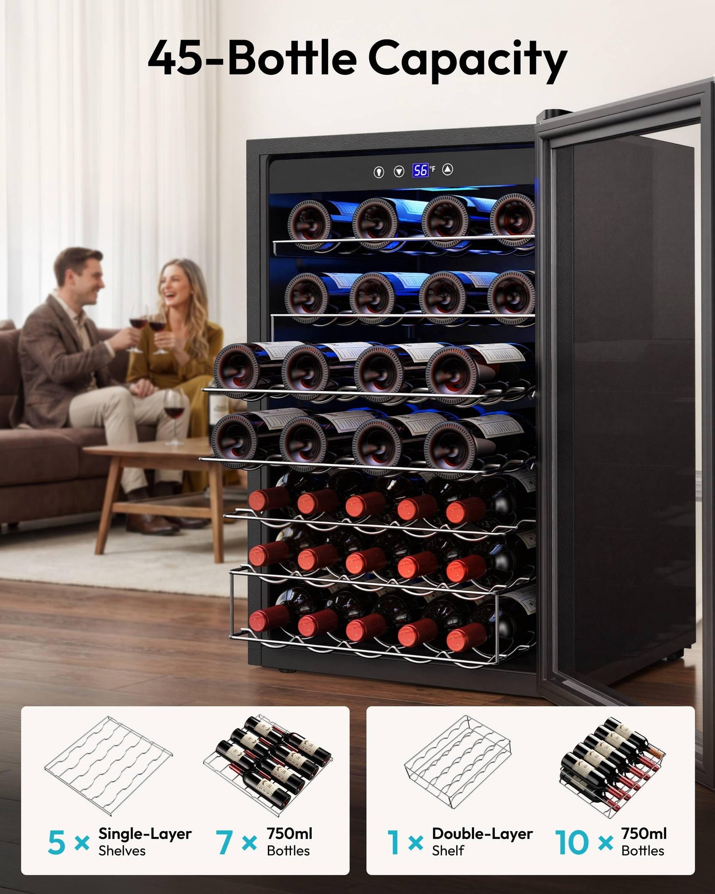 EUHOMY 45 Bottle Wine Cooler Refrigerator, Wine Fridge with Stainless Steel Glass Door for Red, White and Champagne, Mini Fridge with Adjust Temperature for Home Kitchen Bar 4.5 Cu.Ft, Silver