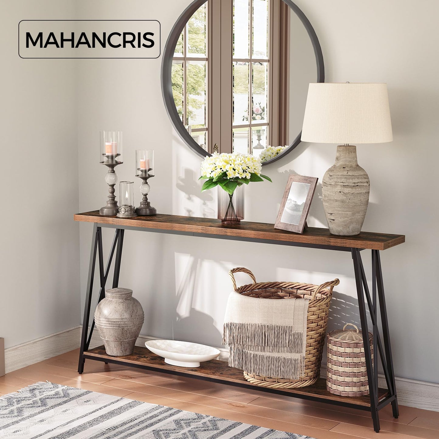 MAHANCRIS Console Table, 63" Industrial Entryway Table, Extra Long Sofa Table Behind Couch, X-Shaped Support, for Entryway, Hallway, Living Room, Rustic Brown CTHR4801Z