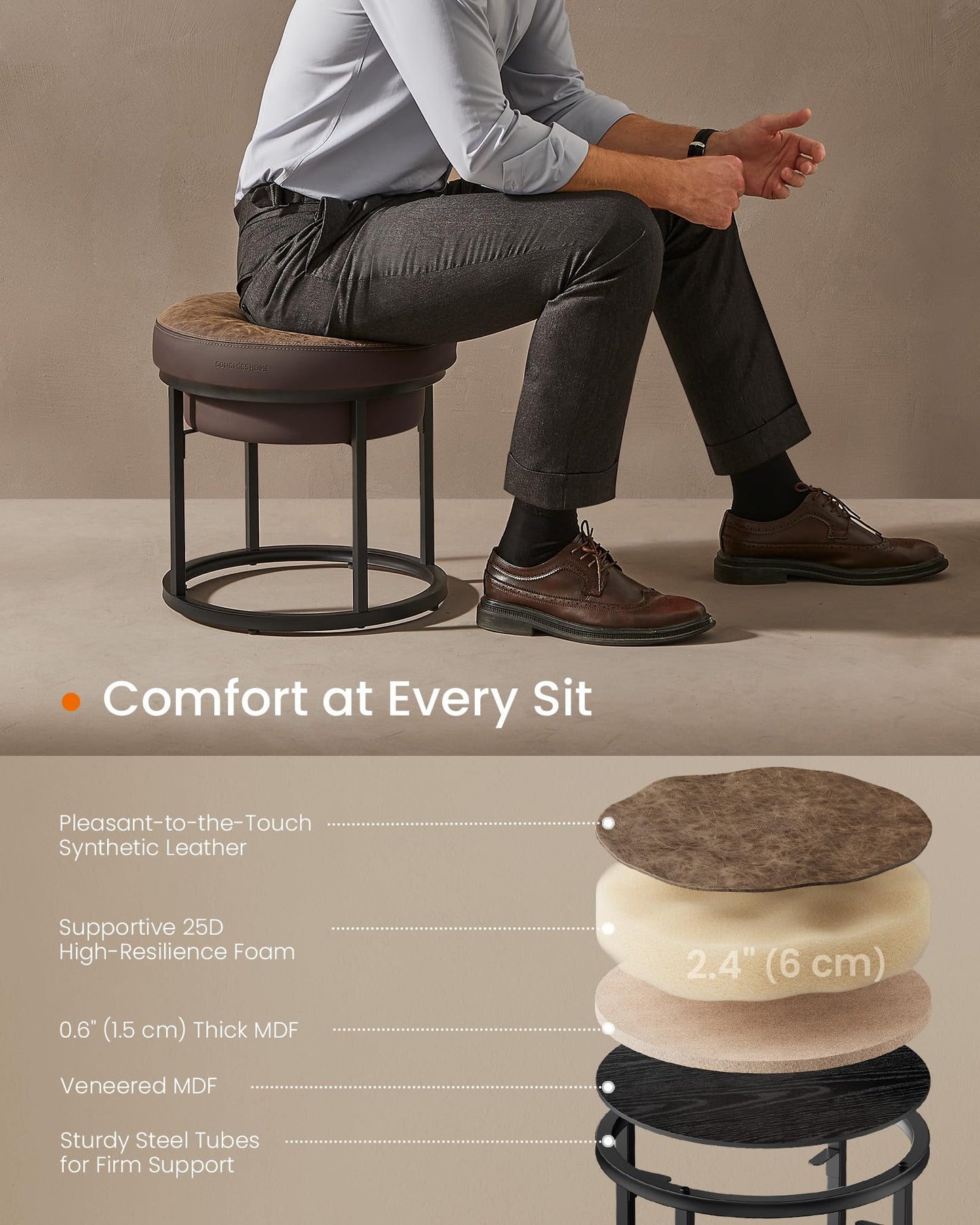 SONGMICS HOME LUIZ Collection - Ottoman Footstool, Round Ottoman, Vanity Chair Stool, Footrest, Reversible Top, Side Table, Max. Load 660 lb, Bedroom Living Room Entryway, Walnut Brown ULOM080K01