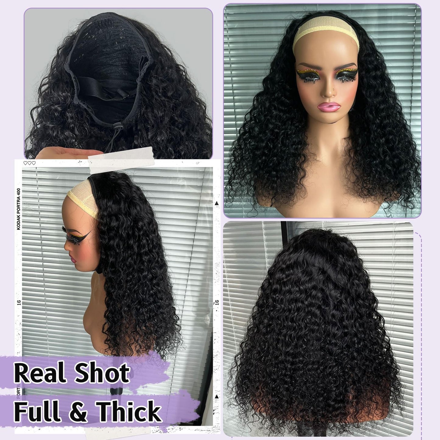 DSEKCAIN Water Wave Half Wig Human Hair 100% Real Human Hair Water Wave Half Wig With Drawstring 3 In 1 Seamless Flip Over Gluel