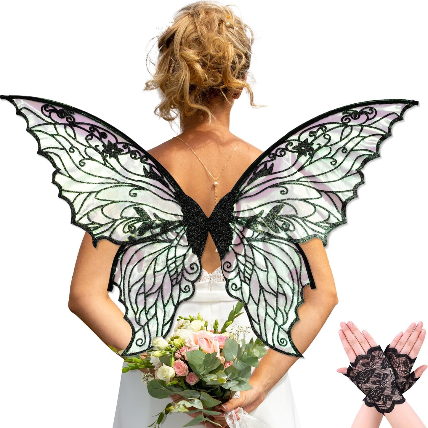 YKW Fairy Wings for Women with Lace Gloves, Large Butterfly Cosplay Wings, Iridescent Costume Wings for Party Photography Props Adult Dress Up Accessories(Black)