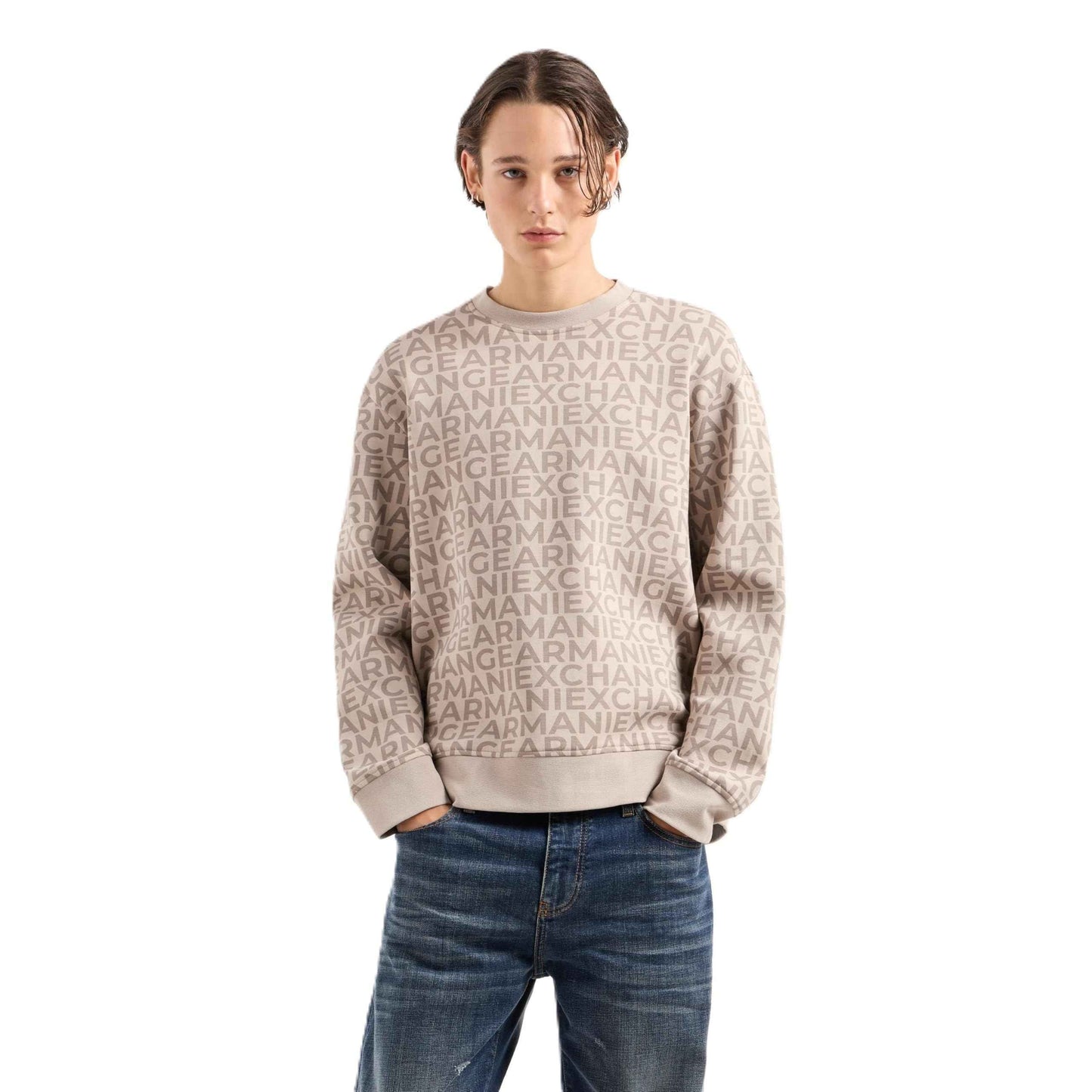Armani Exchange Men's All Over Logo Stretch Bonded Cotton Crewneck Sweatshirt, String Lettering Big, XX-Large
