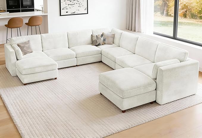 CUGOAO 159'' Modular Sectional Sofa,9-Seater Oversized U-Shaped Sectional Couch with Ottoman, Deep Seat Chenille Cloud Couch, Mordern Upholstered Couches for Living Room, Apartment, Office, Beige