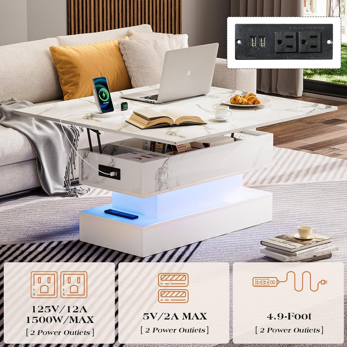 SYESWAY 39.4" Lift Top Coffee Table with Charging Station, High-Glossy Marbling Print Center Table with Hidden Compartment Storage, LED Coffee Table for Living Room, White