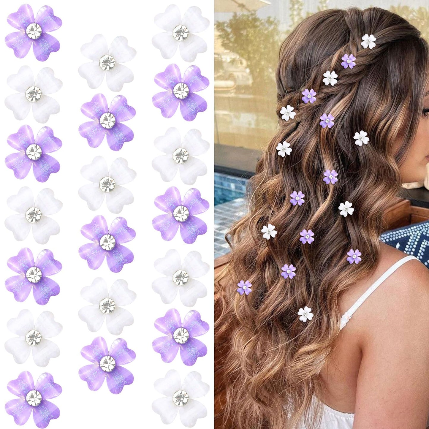 Wecoe 20 Pcs Small Purple White Flower Hair Accessories - Tiny Mini Decorative Bling Clips for Women's Wedding Gift