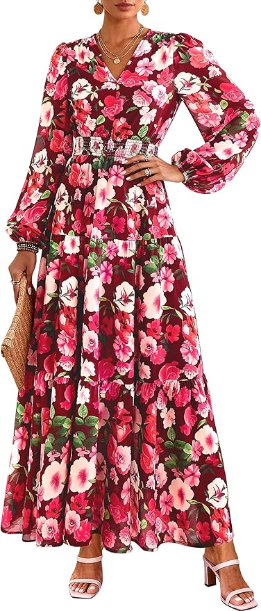 PRETTYGARDEN Long Sleeve Maxi Fall Dresses for Women 2026 Vneck Smocked Boho Floral Tiered Swing Flowy Wedding Guest Dress
