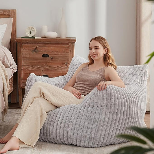 Achicsofar Giant Bean Bag Chairs for Adults Teens, Large Bean Bag Sofa Chairs with Filling Comfy Fuzzy BeanBag Chair with Armrests for Bedroom Living Room Reading (Light Gray, Large)