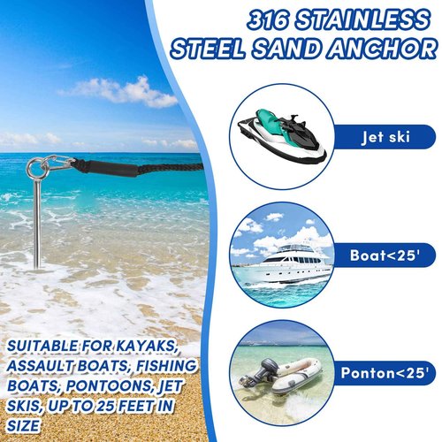 Sand Anchor for Boat 36", 316 Stainless Steel Beach Anchor Boat Sand Anchor with Bungee Dock Line to Hold Watercraft Secure, Jet Skis,Kayak,PWC ect.Apply to the Sandbar Anchor or Shallow Water Anchor