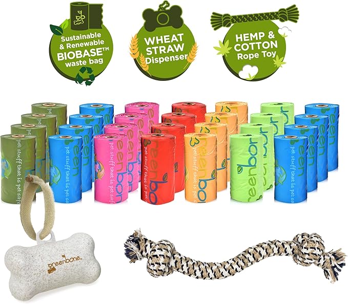 Greenbone BioBase Dog Poop Bag Refills: 28 Rolls - 336 Bags with Dispenser and Rope Toy Handle