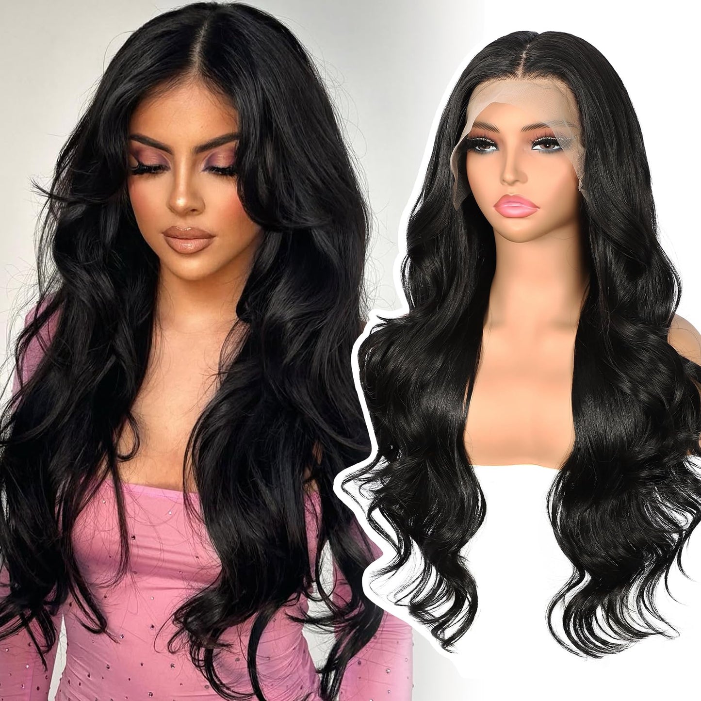 BABEHERS Synthetic Lace Front Wig 13x4 Pre Plucked 1B Black Wigs for Black Women Body Wave Long Wavy 150% Density Natural Heat R