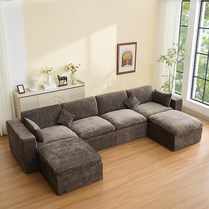 155''Cloud Boneless Sectional Couch, Modular Sectional Sofa Deep Seat with 2 Ottomans, Oversized Upholstered Convertible Comfy 6 Seater Chenille Sofa U Shape Couches for Living Room, Brown
