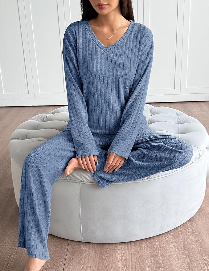 Ekouaer Lounge Sets for Women Long Sleeve Knit Ribbed Pajama Sets 2 Piece Casual Loungewear with Pockets