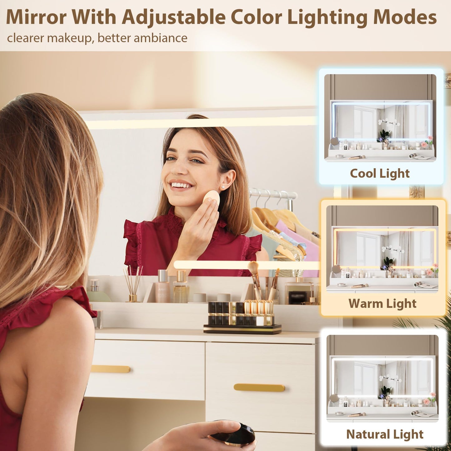 Garvee Vanity Desk with Large Mirror and Lights, 45.9 in Makeup Vanity Desk, 3 Lighting Modes Adjustable Brightness, Vanity Table with Power Outlet & 8 Drawers, for Powder Room and Bedroom