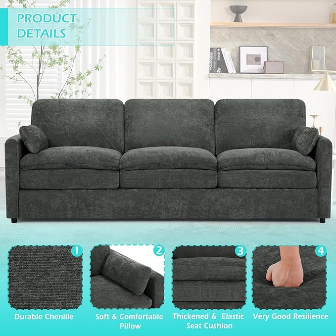 ACMEASE 89” Chenille Sofa w/Arm Pillows, Upholstered 3-Seater Sofa w/Comfortable Back Cushions, Modern 3 Seats Couch w/High-Density Foam for Living Room, Apartment, Office, Grey
