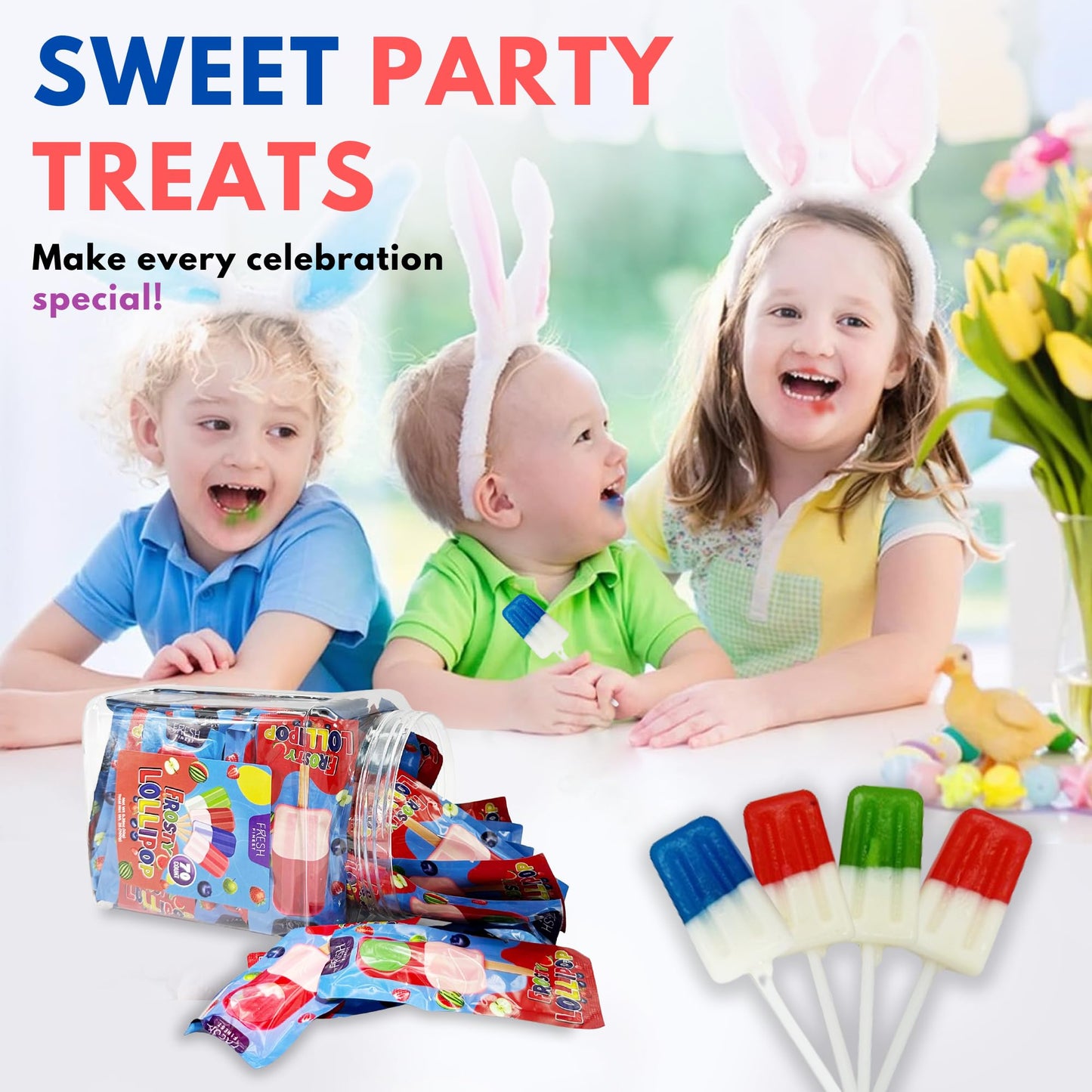 Fresh Finest Popsicle Shaped Ice Cream Lollipops - Individually Wrapped Suckers, Multicolor Lollipops Best for Summer, Goodie Bags, Party Favors - 70 Pack Bulk