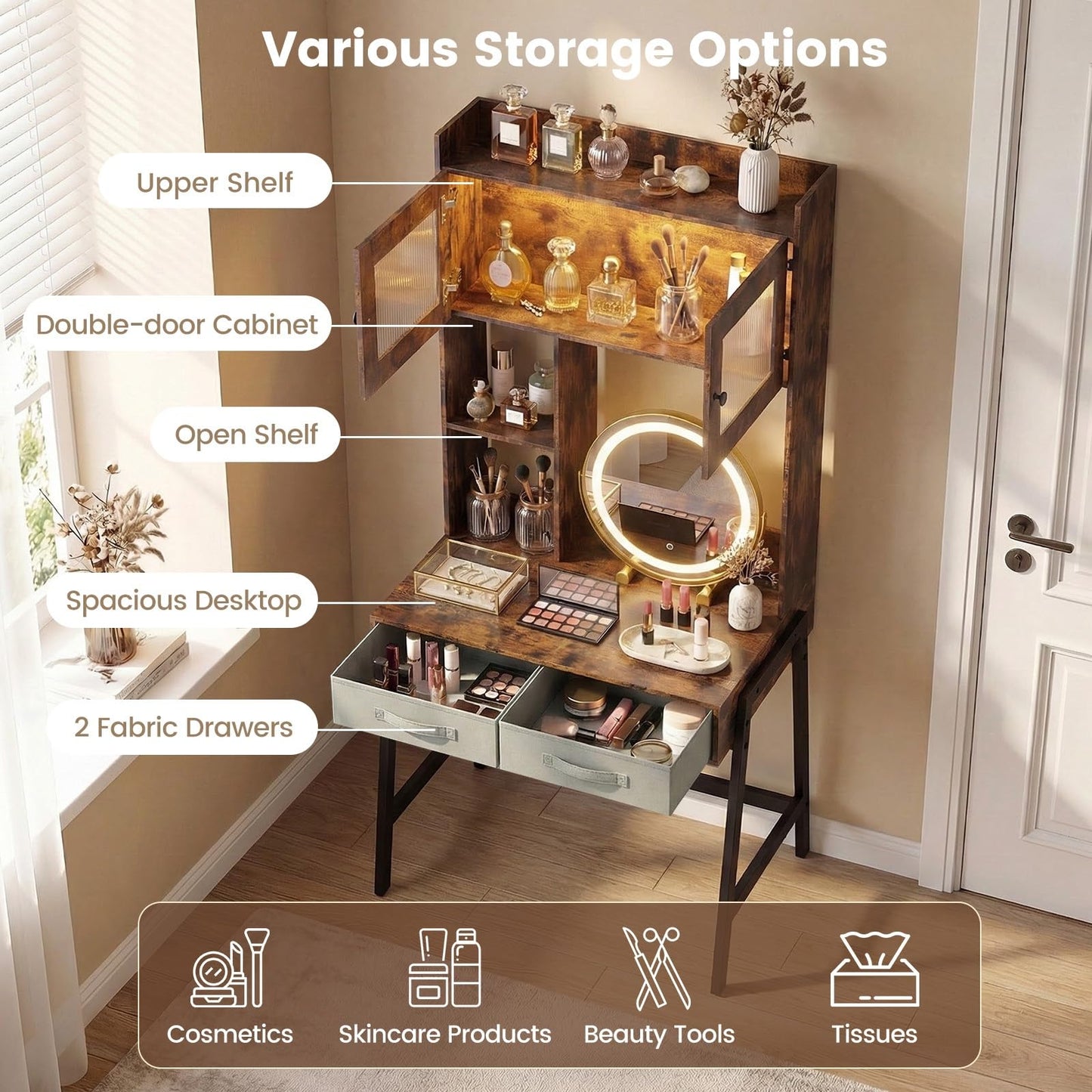 CHARMAID 67'' Tall Vanity Desk with LED Mirror, RGB Lighted Cabinet, Charging Station, Storage Shelves & Fabric Drawers, Metal Frame, Makeup Vanity Table with Hutch for Bedroom (Rustic Brown & Black)