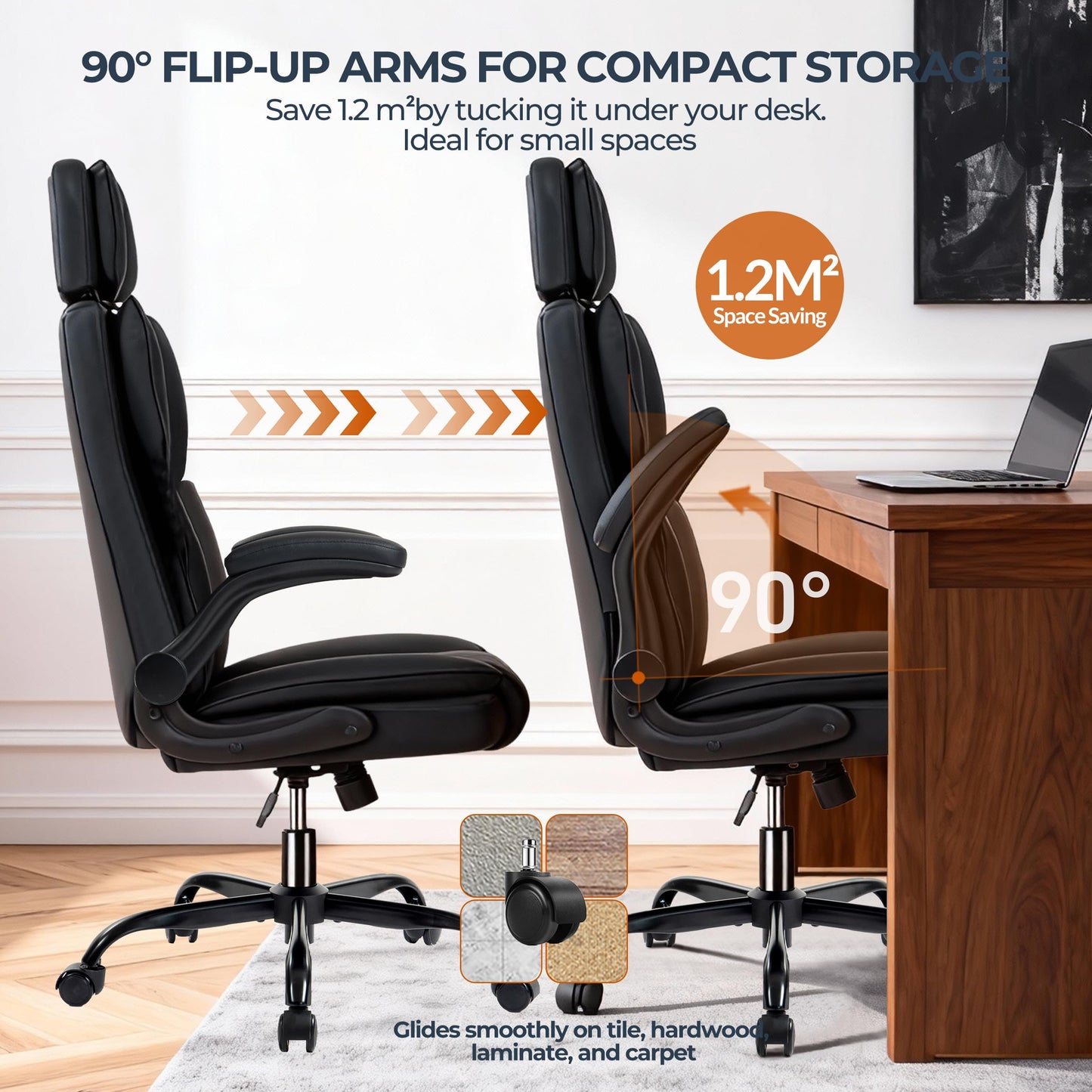 Office Chair with Adjustable Headrest - Executive Leather Desk Chair for Home Office, with Flip-Up Arms & Ergonomic Lumbar Support, Perfect for Work and Study, Black