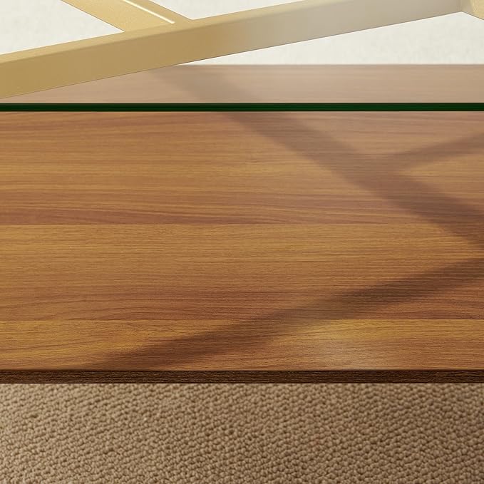 Pine Flicker Rectangle Coffee Table, Mid-Century Modern Design, L41*W21*H17 inch, for Living Room, Clear Glass Top and Walnut Finish Wood Shelf, Conical Metal Legs with Gold Finish
