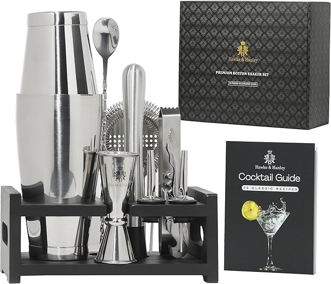 Hawke & Hanley Premium Boston Cocktail Shaker Set Bartender Kit - 12 Piece Mixology Bar Set with Weighted Boston Shaker, B...