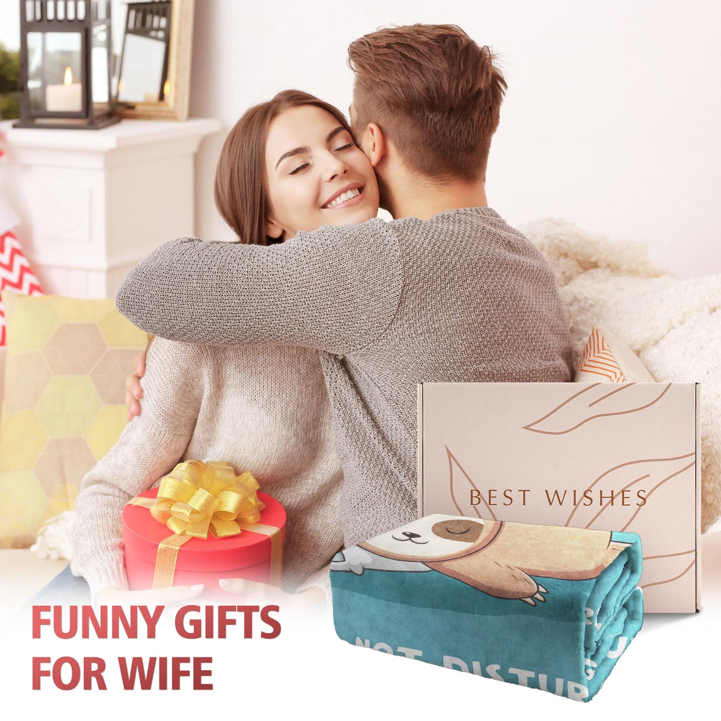 Funny Anniversary Birthday Gifts for Wife, Wife is Charging Sloth Blanket, Wifey Gifts from Husband, Wedding, Mother's Day, Valentines Day Present for Women, Super Soft Blanket for Her
