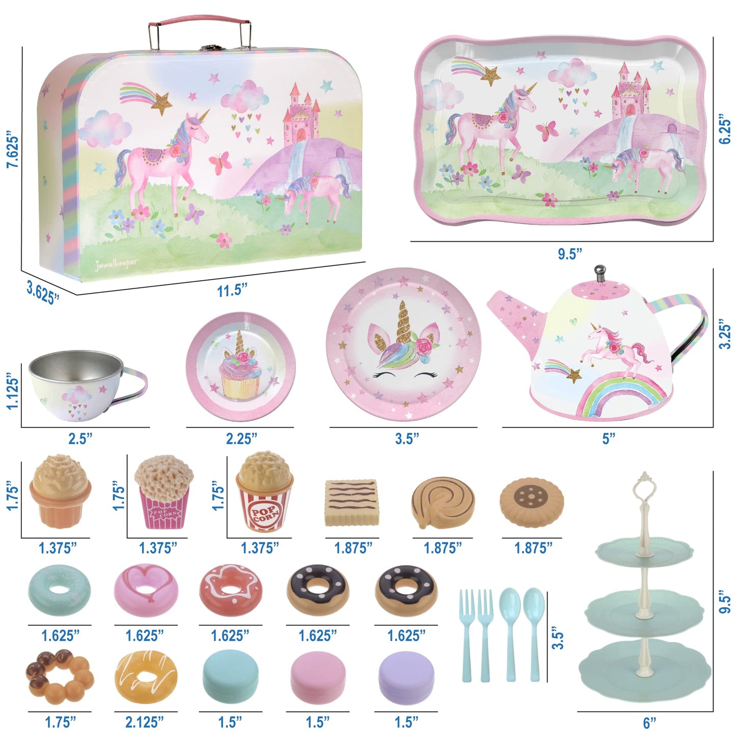 Jewelkeeper 42 Piece Tea Party Set for Little Girls Gift Pretend Kids Toy Tin Tea Set + Food & Carrying Case - Party Unicorn Design, Tea Set Kids, Toy Tea Set, Tea Set for Girls, Tea Party Set Tin