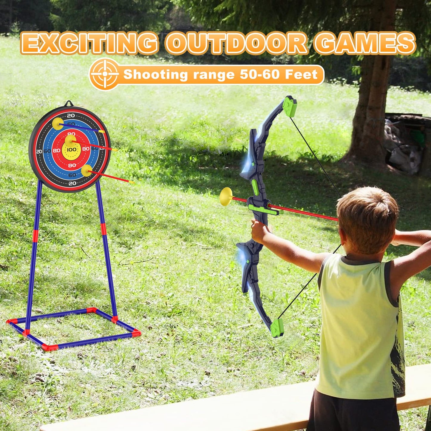 Kmuxilal 2 Pack Kids Bow and Arrow Set with LED Flash Lights, 14 Suction Cup Arrows and Fluorescence Standing Target-Perfect Indoor and Outdoor Game Archery Set Toy Gift for 4 5 6 7 8-12 Year Old Boys