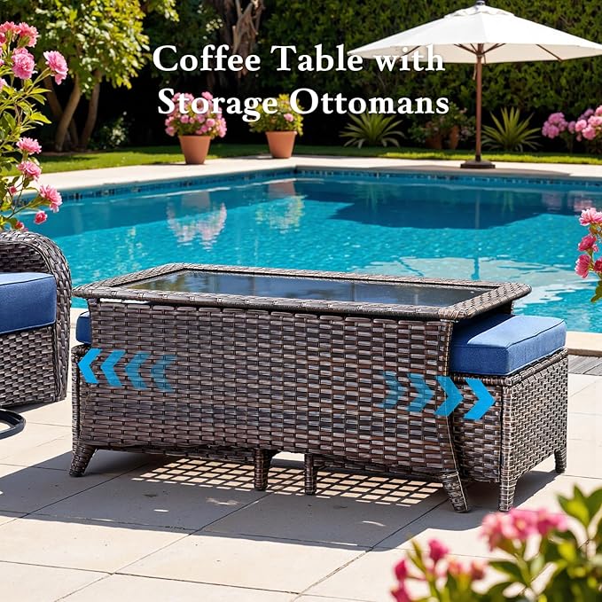 Belord Luxury 6" Thick Cushioned 8 Pieces Patio Furniture Set with Outdoor Couch, Wicker Outdoor Conversation Set with High Back Swivel Rocker Chairs for Deck Porch Yard and Poolside - Brown+Blue
