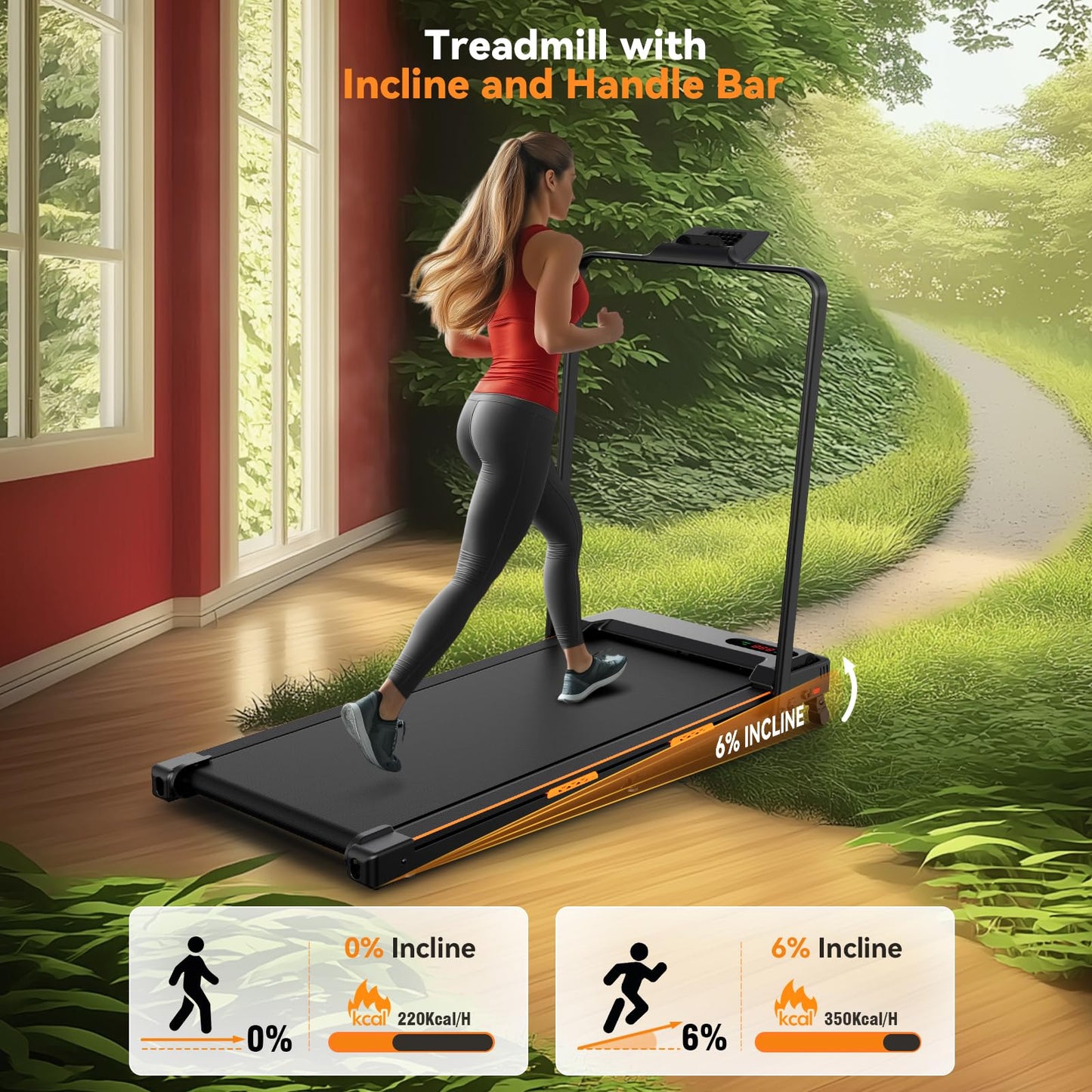 FUNMILY Folding Treadmill with Handles, Foldable Walking Pad Treadmill with Incline and Adjustable Handrails, 3 in 1 Under Desk Treadmills for Home 300 lb Capacity, Running Machine with Handle Bar