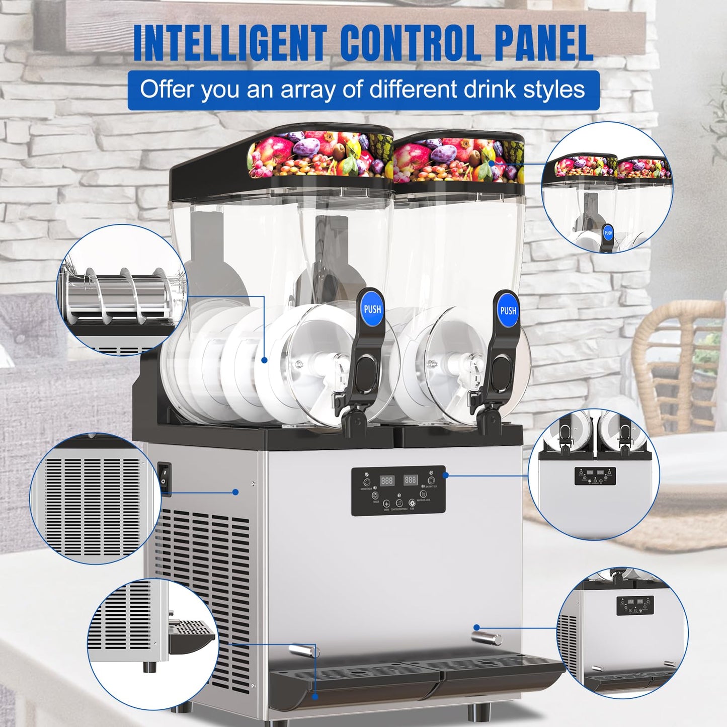 XPW Commercial Slushy Machine 500W 15L Tanks Commercial 110V Slushie Maker Machine 304 Stainless Steel Margarita Machines Quick Frozen Slush Maker for Bars Cafes Restaurants