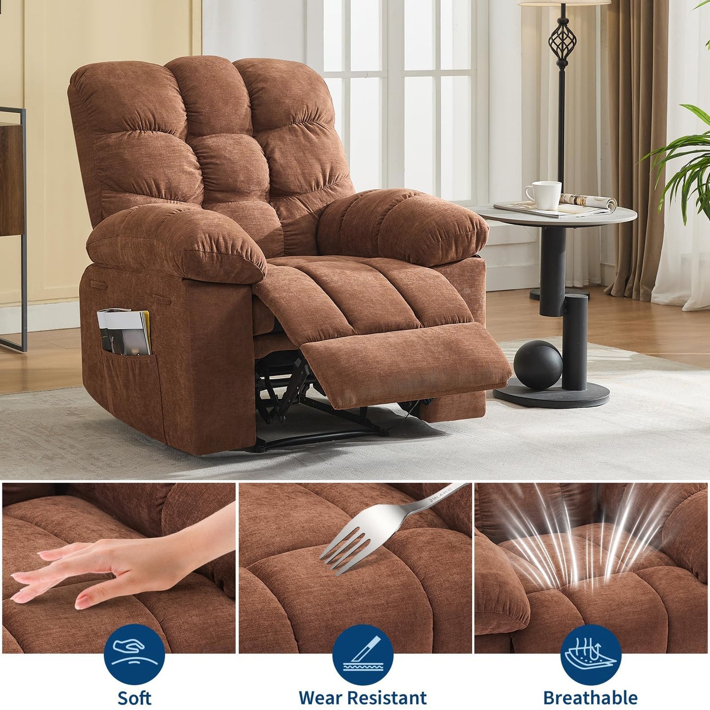 Dark Brown Ergonomic Recliner Chair - Overstuffed Rocking Recliner with Massage & Heat, Wide High-Back Linen Reclining Chair, Manual Adjustable with Remote & Dual Side Pockets for Living Room Bedroom