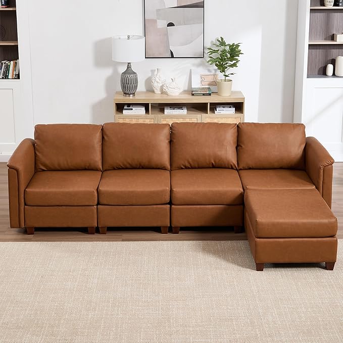 Atrtivoent 111.8" Modular Sectional Sofa,Modern L Shaped PU Leather Sofa with Storage,5 Seat Deep Seat Sectional Couch for Living Room,Brown