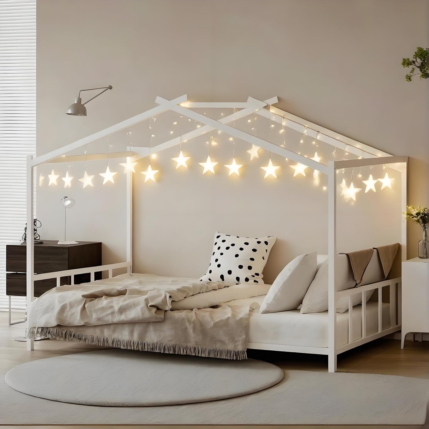 LINKHOO Twin Size Montessori Floor Bed with Roof, Metal House Bed with Soundproofing Slat Locking and Footboard for Boys and Girls, Easy to Assemble, No Box Spring Needed, White