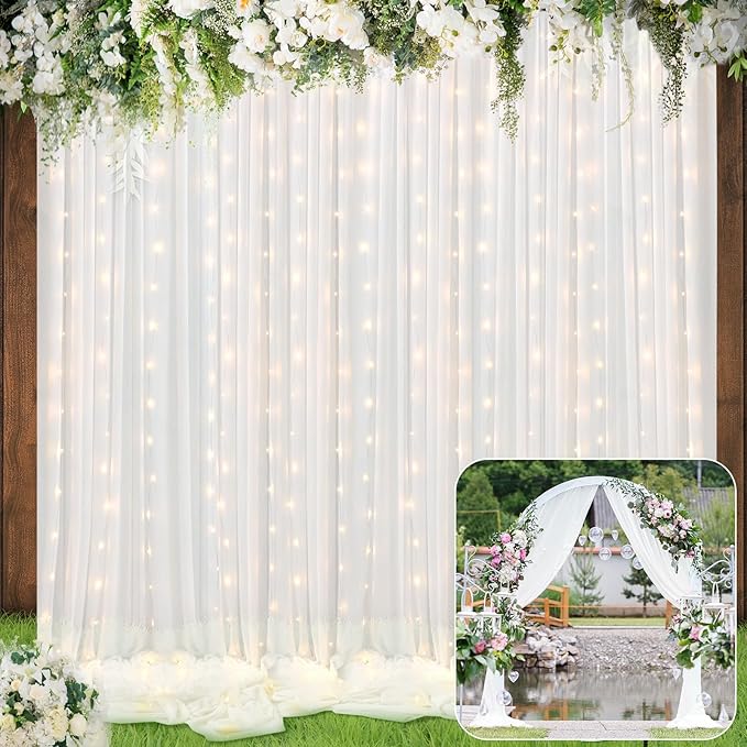 BBTO 2 Panels White Tulle Backdrop Curtain with Lights String for Parties Wedding Bridal Shower Sheer LED White Curtain Ba...