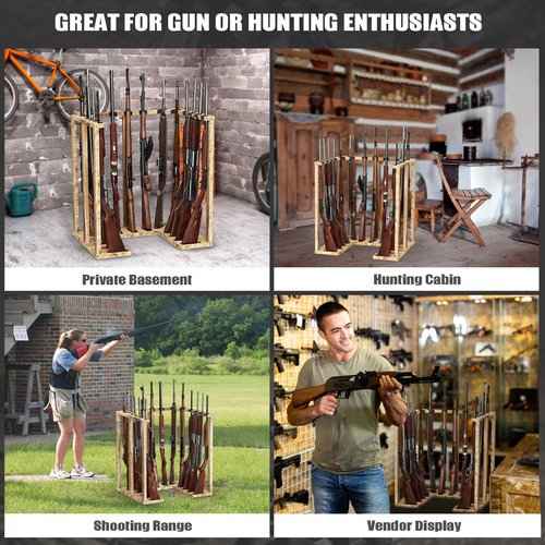 amoard Indoor Gun Rack Corner Wood Heavy Gun Rack Rifle Stand Display Shotgun Organizer and Storage Racks Stable Support for 15 Guns (Carbonized Black)