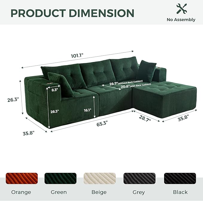 MAXYOYO Modular Sectional Sofa Couch, L Shaped Modern Cloud Couch with Ottoman, Sofa in A Box, Tufted 4-Seat Boneless Sleeper Chair for Living Room, No Assembly Required, Green