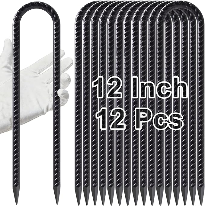 VVOKGO Trampoline Stakes 12 Inches Anchors High Wind Heavy Duty, 12-Pack U Shaped Tie Down Anchor Kit for Ground, Camping Tent, Soccer Net, Swing Set, Black