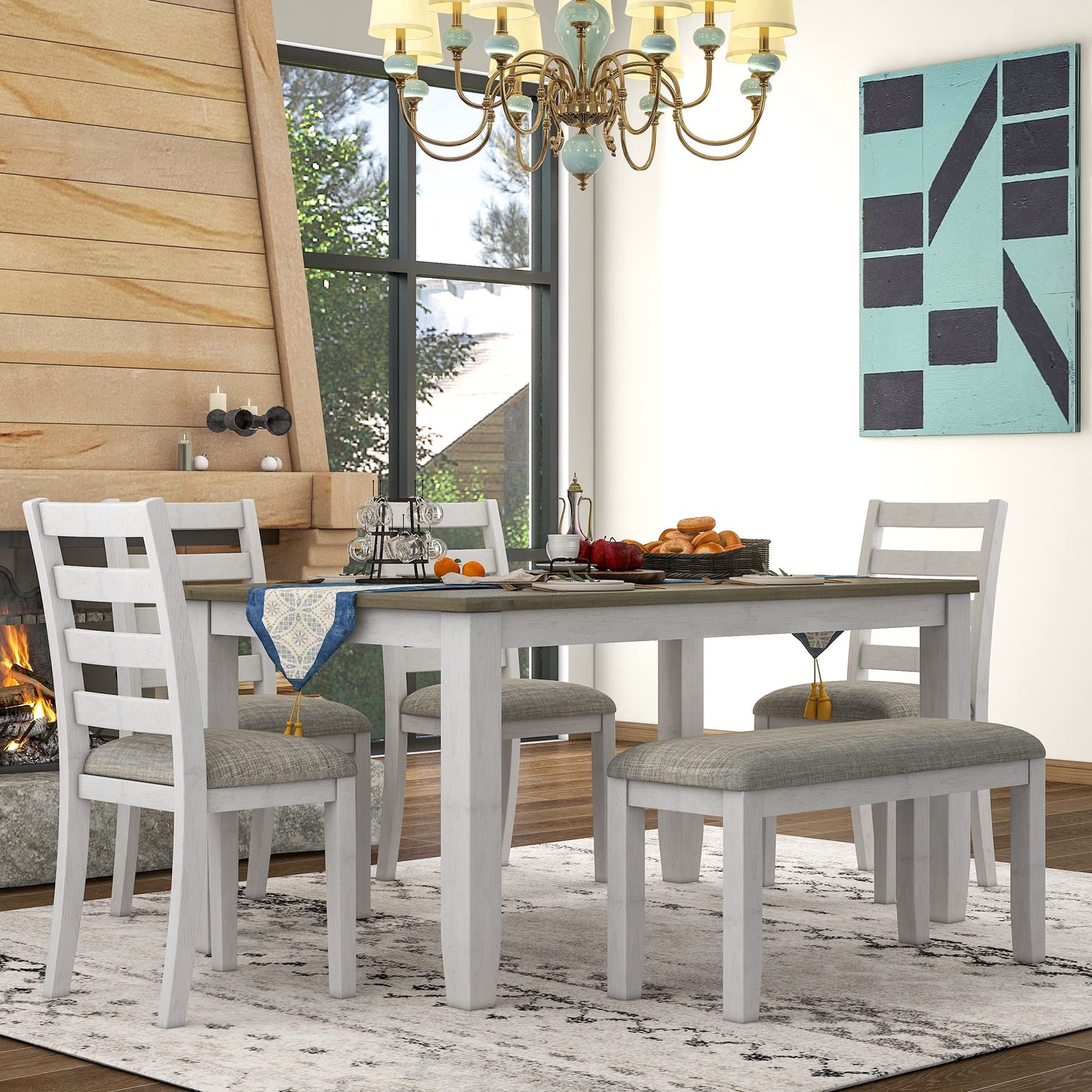 Merax 6 Piece 60in Dining Set for Home, Kitchen, Dining Room, Rectangular Table Set with 4 Upholstered Chairs & a Bench, Rubber Wood Dining Room Table Set for 6 (Brown + Whitewash, Rustic Style)