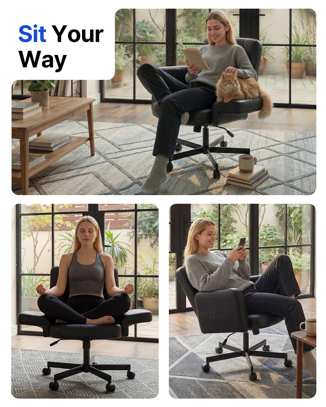 HUANUO Criss Cross Chair with 6-Point Adjustable Armrests, Pet-Friendly Criss Cross Office Chair, Comfortable Cross Leg Chair with Wide Seat, Durable PU Leather, Side Storage Pocket, Easy Assembly