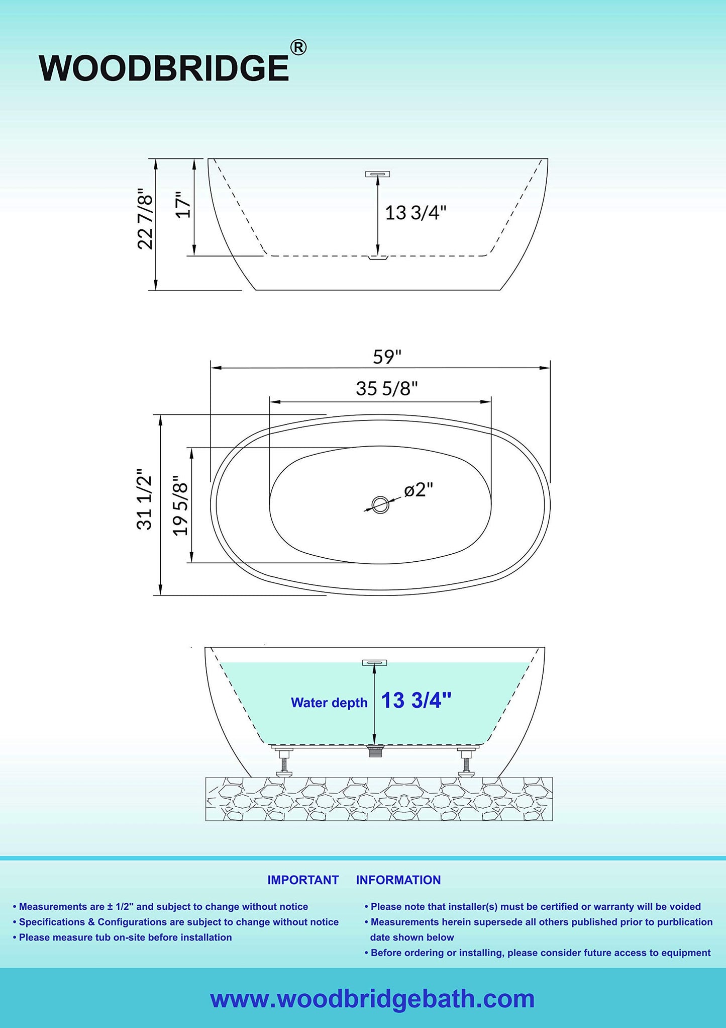 WOODBRIDGE 59" Acrylic Freestanding Bathtub Contemporary Soaking White Tub with Brushed Gold Overflow and Drain，BTA1518 -BG-Drain &O