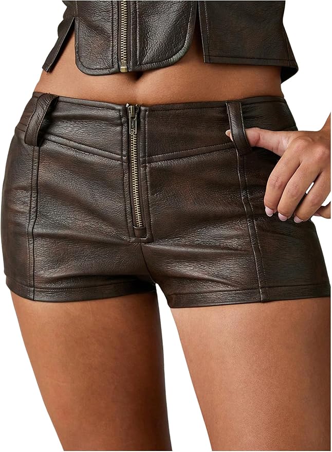 Floerns Women's Y2K Sexy High Waisted Faux Leather Shorts Drawstring Lace Up Festival Rave Shorts