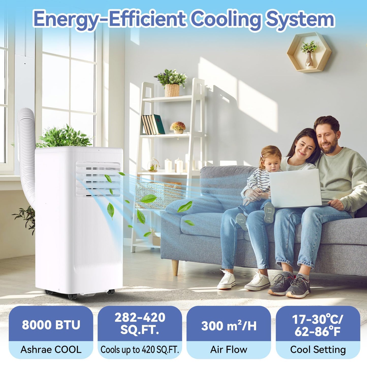 GarveeHome 8000 BTU Portable Air Conditioner - 3 in-1 Cooling Unit with Remote, LED Display & 24H Timer, Free Standing AC for Rooms Up to 350 Sq.Ft